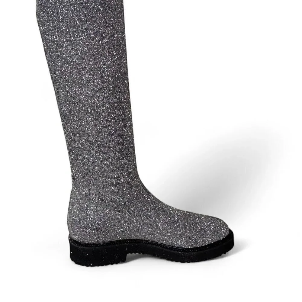 Giuseppe Zanotti Women's Silver Glitter Over-the-Knee Flat Boots Sz 37.5 NWOT